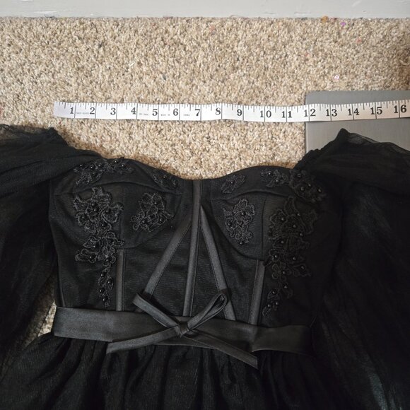 Sz 2 (fits 000-6+) Unbranded Black Tulle Off-Shoulder LS Ballgown Rt Front Slit - Picture 8 of 15